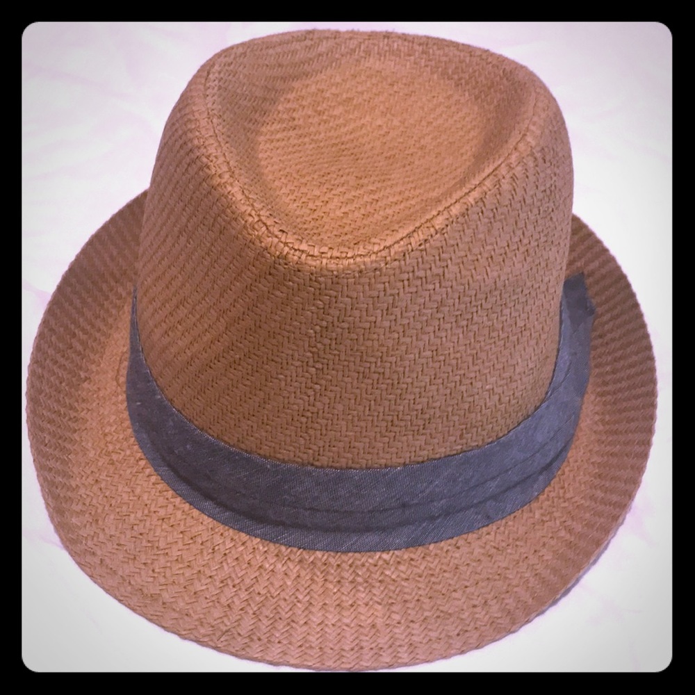 Fedora Tan Summer hat with Denim blue trim